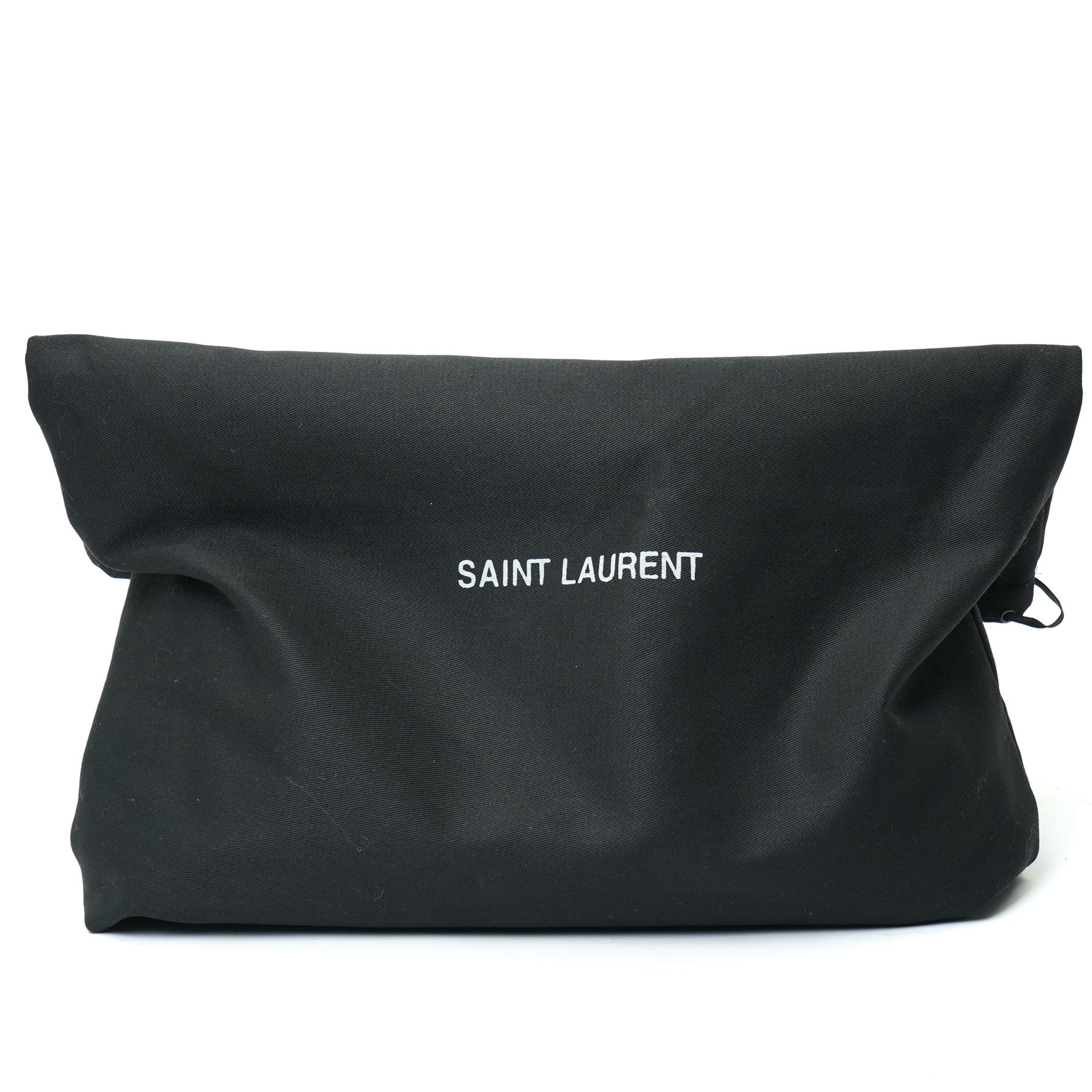Yves Saint Laurent Calypso large shoulder bag, grey grained leather with envelope flap and gold-tone Cassandre monogram, sliding chain and leather shoulder strap, magnetic fastening, interior lined in black textile with zip pocket and leather brand tab stamped Saint Laurent Paris, made in Italy, together with original Saint Laurent dust bag, W37cm D10cm H22cm