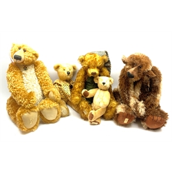 Five limited edition Deans teddy bears, each with jointed limbs and glass eyes, comprising J B Scruff 174/500, Alex 94/300, Patsy Paws 318/500, Bryn 7, and Cliff 124/300, Cliff with accompanying certificate. 
