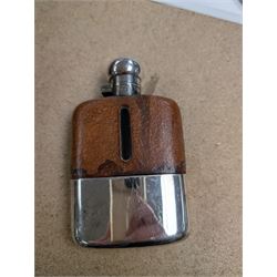 Reproduction miniature copper diving helmet, silver plated hip flask, early 20th century writing set by W.H. Harling, powder flask, two pewter tankards, etc