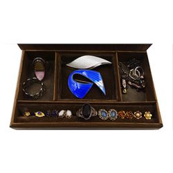 Three pairs of 9ct gold stone set stud earrings, two Norwegian silver enamel brooches and silver jewellery including charm, rings, chains and costume jewellery
