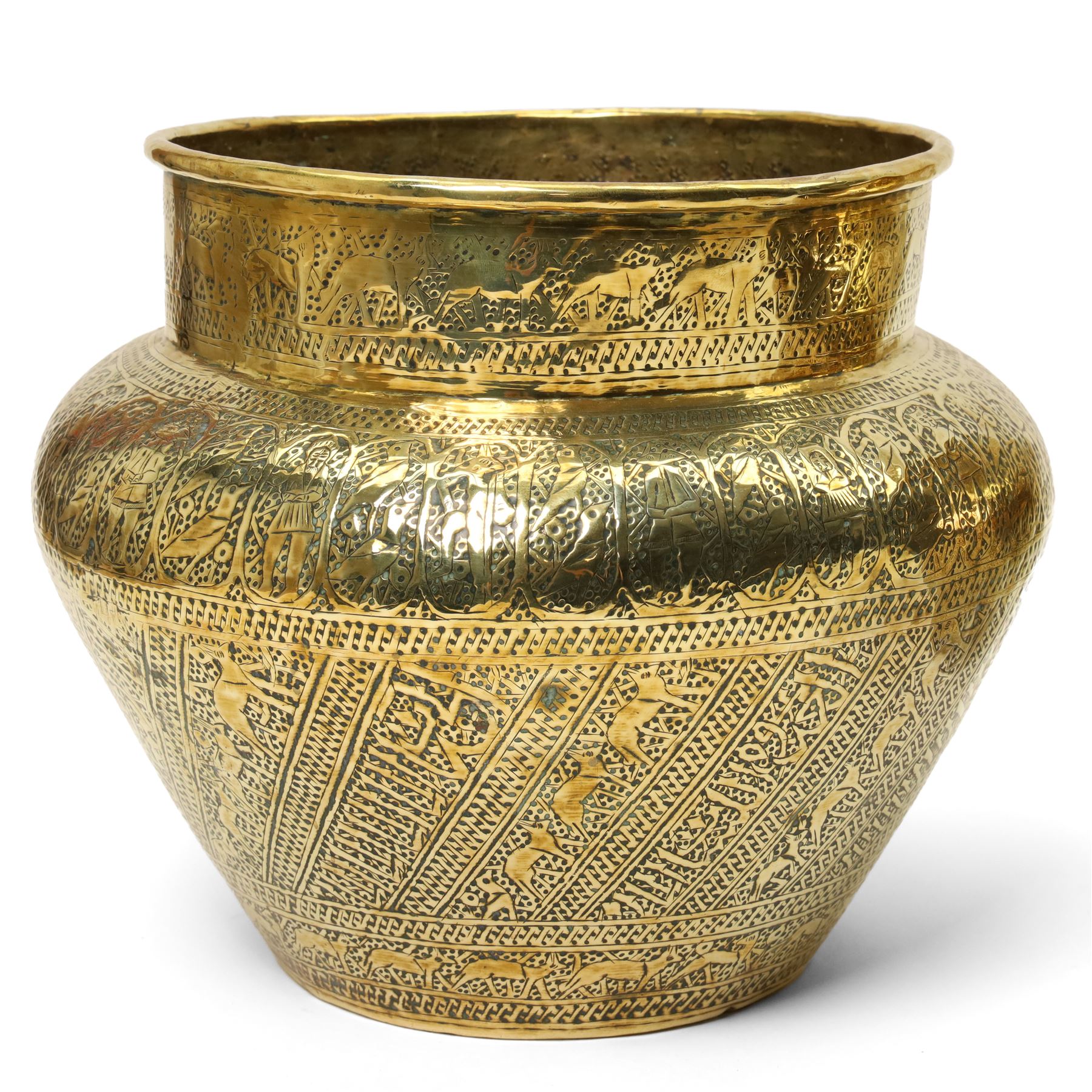  Islamic brass jardiniere  with all over engraving of figures, animals etc D31cm and a slightly smaller matching jardiliere D27cm 