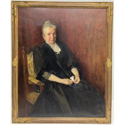 William Ewart Lockhart RSA (Scottish 1846-1900): Portrait of Mary Polson (1832-1911), oil on canvas signed and indistinctly dated 126cm x 101cm 

Notes: Mary was the wife of John Polson, of Paisley and Castle Levan, who discovered and patented a method for producing corn flour, transforming the fortunes of his father’s muslin manufacturing plant in Paisley. William Ewart Lockhart was a family friend of the Polsons, and painted John Polson’s portrait in 1893. In 1887, the couple's daughter, Mary Alice Polson, married Archibald Corbett, then the Liberal Unionist MP for Glasgow Tradeston. The pair purchased the Rowallan Estate in Ayrshire in 1901, donating their previous home at Rouken Glen as a public park to the citizens of Glasgow. Upon his retirement from the House of Commons in 1911, Corbett was granted the Barony of Rowallan, becoming 1st Baron Rowallan. 

Mary was made an Honorary Burgess of Paisley at the Clark Halls and was presented with a parchment and casket by a Mr MacKean on behalf of the Town Council. She also contributed funds for the erection of a nurses’ home, Paisley Infirmary, and Thomas Shanks Memorial Park in Johnstone, named after her brother, Colonel Thomas Shanks.

Lockhart studied at the Royal Scottish Academy from the age of thirteen in 1860, and by 1861 he was submitting work to its Annual Exhibition. He exhibited annually at the RSA for the remainder of his life, with the exception of 1864 when he went to Australia to improve his health, and 1889/90, when completing a royal commission celebrating the 1887 Jubilee. Lockhart is most renowned for his commissioned portraits, though he also painted scenes of Spanish life following several visits to the country.
