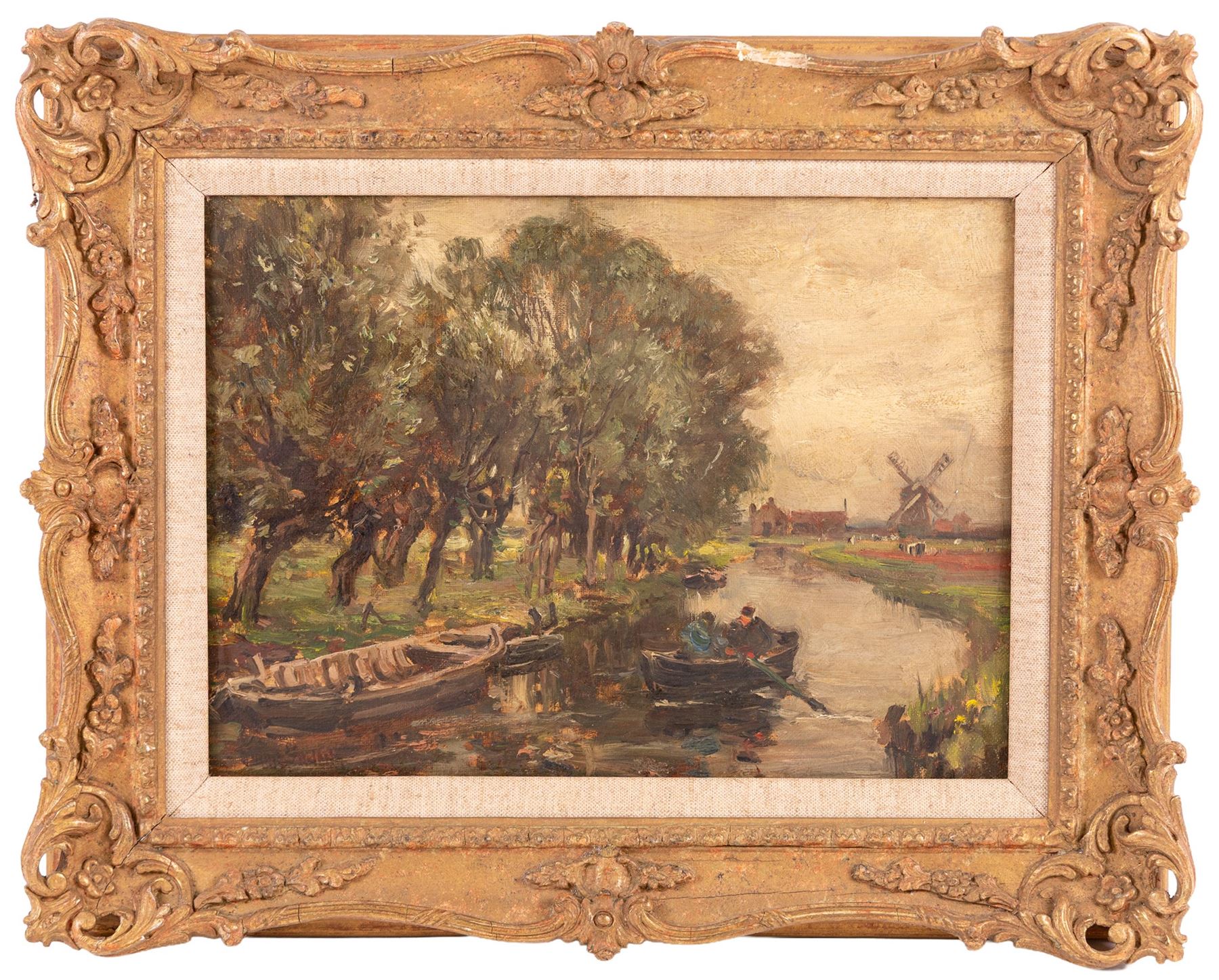 Owen Bowen (Staithes Group 1873-1967): Rowing on a Dutch Waterway, oil on canvas signed 26cm x 36cm