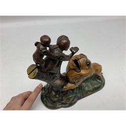 Late 19th century cast-iron mechanical money bank 'Lion and Two Monkeys' by Kyser & Rex with impressed patent mark for 17th July 1883 H25cm L23.5cm