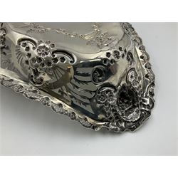 Edwardian silver swing handled basket, of navette form, with four repousse lion masks to each corner and with pierced and embossed floral, scroll and shell decoration to sides, base and handle, hallmarked Charles Horner, Birmingham 1906, height including handle H20cm