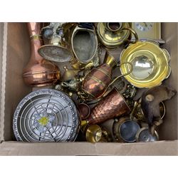 Collection of metalware, to include brass kettles, copper jugs, table lamp, tankard, ornaments etc, in four boxes