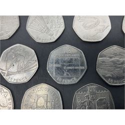 Forty Queen Elizabeth II commemorative fifty pence coins from circulation
