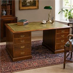 Edwardian mahogany office desk, recatangular top with green inset leather writing surface,...