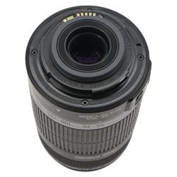 Four Canon camera lenses, comprising EF 50mm 1:1.8 lens serial no. 70896512, boxed, two zoom EF-S 18-55mm 1:3.5-5.6 IS lenses serial nos. 2040537810 and 6462009965 and an EF-S 55-250mm 1:4-5.6 lens serial no. 67007517