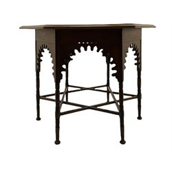 Liberty & Co circa 1890 - walnut centre table, hexagonal form, fretwork frieze, star stretcher base, turned supports on button feet. Stamped on underside.
Featured in - Pictorial Dictionary of British 19th century Furniture Design, Daryl Bennett Liberty's Furniture, 1875-1915, The Birth of Modern Design.
Liberty Style, The Classic Years, 1898 - 1910, by Mervin Levy.