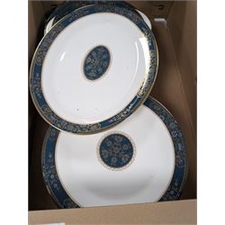 Royal Doulton Carlyle dinner wares, heavy glass candlesticks, punch bowl and lidded jars and other ceramics and glassware, in five boxes