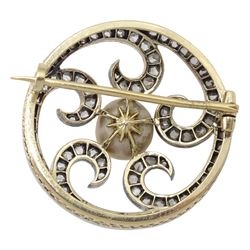 19th/early 20th century diamond and pearl circular brooch, channel set rose cut diamonds to a central light champagne coloured pearl of approx  8.9mm x 11mm, set in silver and gold