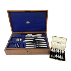 Cased set of six silver coffee spoons, hallmarked Sheffield 1933, and Walker and Hall part canteen of silver plated cutlery housed in a mahogany case 