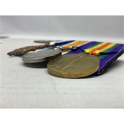 WW1 KIA group of three medals comprising British War Medal, 1914-15 Star and Victory Medal together with bronze Memorial Plaque named to G-13 Pte. F.G. Hodges R. Suss. R.; with ribbons; displayed on modern board for wearing; some biographical details