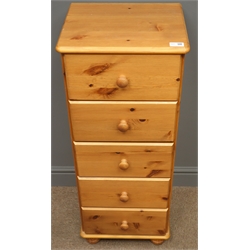  Pine five drawer chest on turned feet, W38cm, H93cm, D33cm  