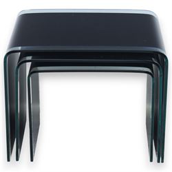 Nest of three contemporary glass occasional tables, black glass centres with  clear glass borders 