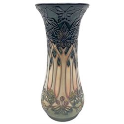 Moorcroft vase, of waisted cylindrical form, decorated in the Cluny pattern designed by Sally Tuffin, with impressed and painted marks beneath, including date symbol for 1995, H21cm.