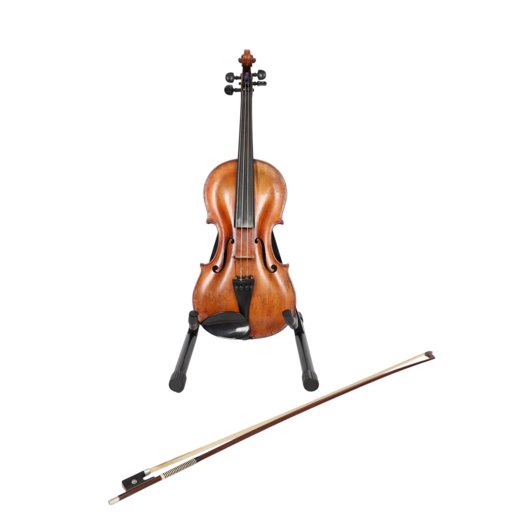 19th century violin, with Georg Kloz label to the interior, with bow contained within a modern fitted case, back length L14inches