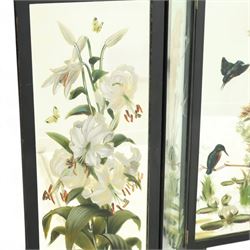 Late Victorian Aesthetic Movement ebonised and painted three-panel folding mirror screen, spindle gallery cresting rail over three rectangular mirror plates painted with floral pond scenes with lily-pads, swallows and kingfishers, each panel W37cm H110cm)