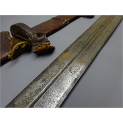  Sudanese Kaskara Sword , 65cm broad double edged fullered blade engraved opposing moons, leather bound wooden grip and iron cross guard, in leather scabbard, L77.5cm  