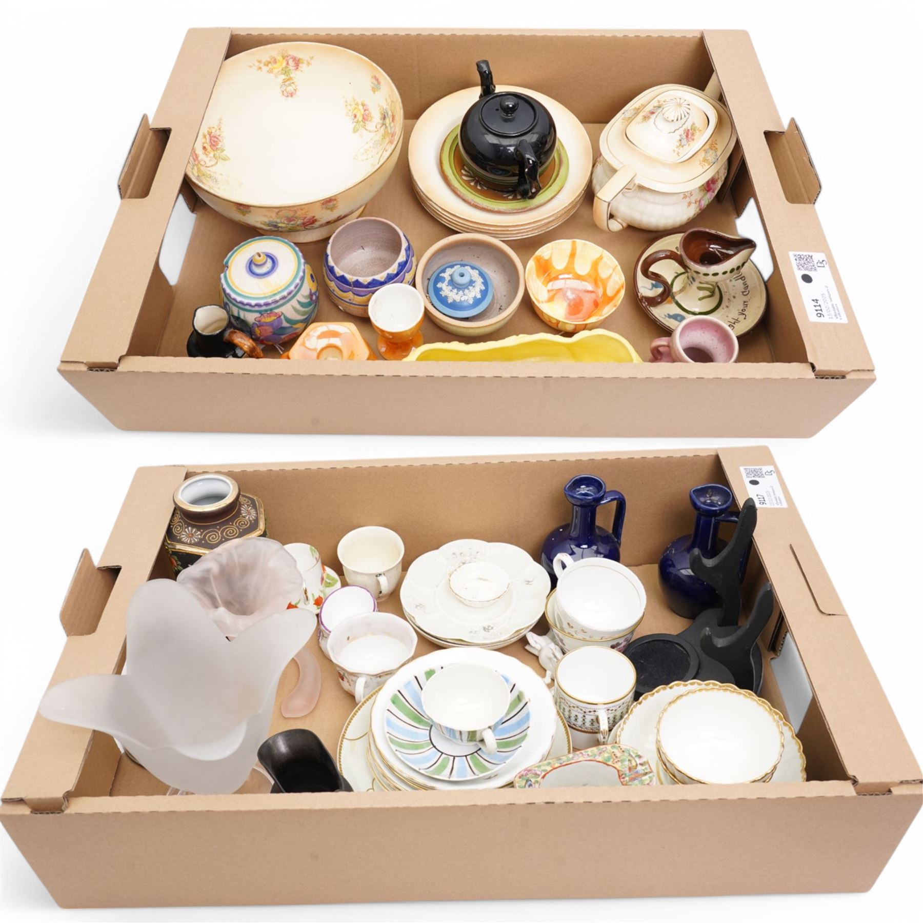 Fieldings Crown Devon items including fruit bowl, five dessert bowls and teapot, Poole pottery preserve jar, Sylvac posy holder, Frosted art glass tulip vase, similar lily vase, two Belleek saucers, assorted cups and saucers etc contents in two boxes