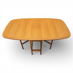 Nathan - teak drop leaf dining table, the rectangular top with rounded corners fitted with twin hinged drop leaves and gate legs, extended to form an oval table 174cm in length, raised on square section supports united by stretchers