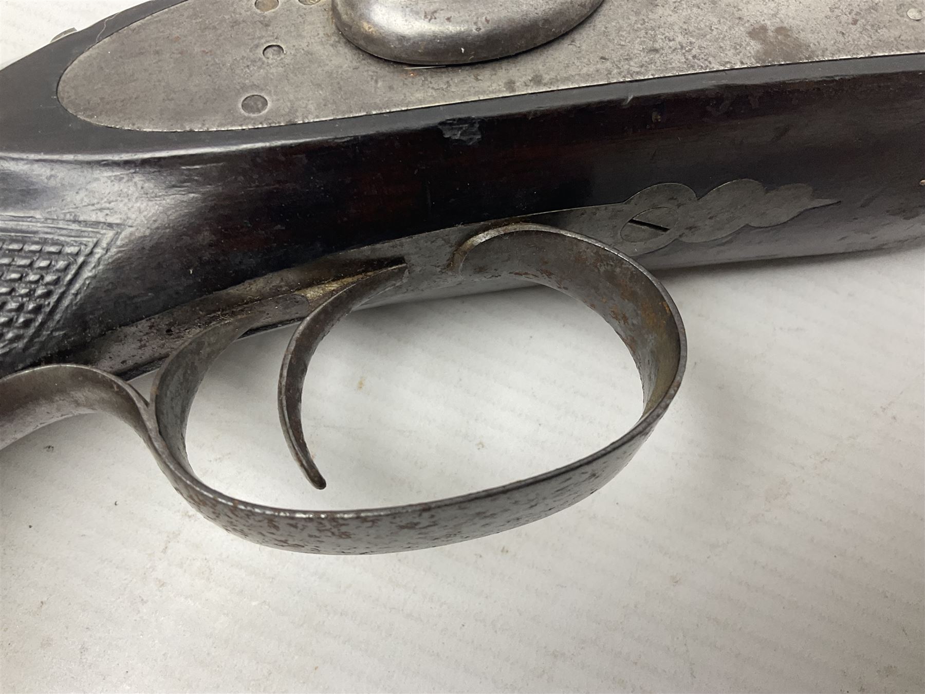 19th century George Gibbs of Bristol .461 cal. muzzle loading percussion match rifle with 28cm cut-down barrel and cut-down stock, Metford type rifling, fitted with additional three folding leaf rear sight to 400yds, back action sight still fitted to tang, maker's name to lock and top of barrel, serial no.439. L46.5cm overall