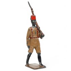 Set of fourteen Johillco lead cavalry on white horses, some with pennants, Britains overseas and colonial foot soldiers and cavalry and a Britains Zouaves box