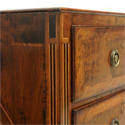Large 18th-century North Italian walnut commode, rectangular top with quartered veneer, central parquetry inlay and raised moulded edges above three drawers with brass ring handles, cross banding and further central parquetry inlay, supported on square tapered feet