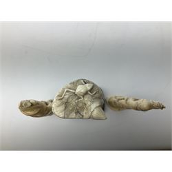 Three Japanese Tokyo School ivory figure, 19th century, comprising of man standing holding double gordes, man holding a flower with a basket on his head and a man with an adze and a basket with a frog in, tallest example H19cm, 