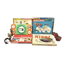 Two Meccano set boxes containing various sections; Philips EE1003 Electronic Engineer Set and Spirograph Set; both boxed; two Waddingtons boxed board games; Steiff 'Lamby' lamb plush toy; boxing gloves; scout belt and woggle etc