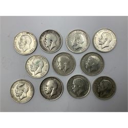 Eleven King George V 1915 silver half crown coins
