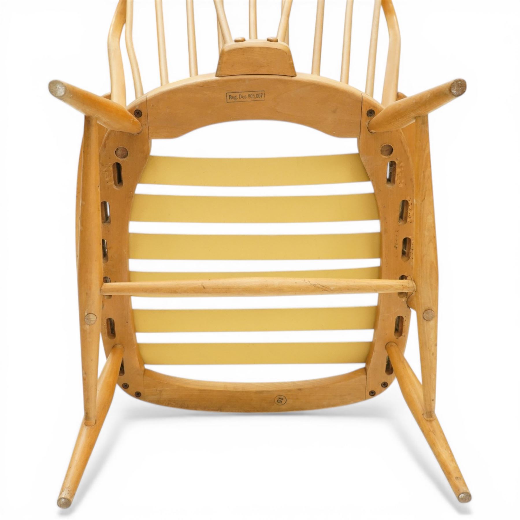 Ercol - Model 478 evergreen light elm and beech armchair, hoop back design curved arms, two crimson checked loose cushions, raised on tapering legs with H-stretcher
