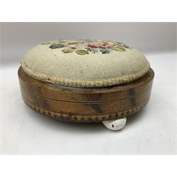 Paid of Victorian inlaid walnut footstools, each with padded needlepoint floral top and bun feet, D28cm