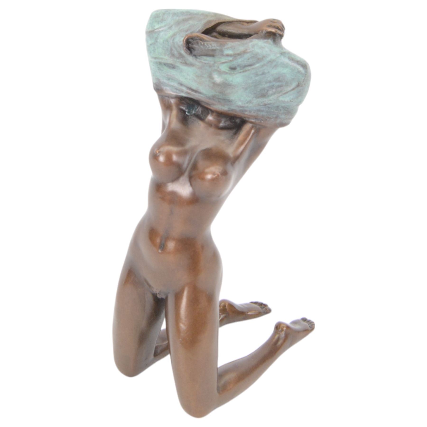 Bronze figure, modelled as kneeling nude woman removing her shirt, signed Milo, H17cm