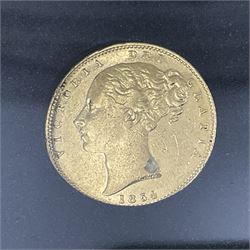 Queen Victoria 1854 gold full sovereign coin, 'The Shipwreck Sovereign', housed in a display case with information leaflet