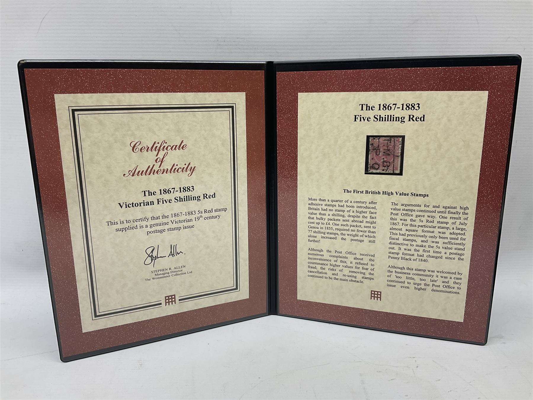 Three Westminster  stamp folders, 'The 1867-1883 Five Shilling Red', 'The World's Most Famous Stamps' including Queen Victoria 1840 penny black with red MX cancel and 1840 two pence blue, 'Victorian 1840 Mulready Stationary' (3)