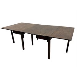 Georgian mahogany drop leaf extending dining table, on square moulded chamfer supports - comprising double drop leaf table, and singe drop leaf table