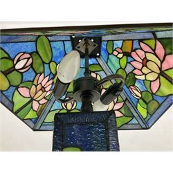 Tiffany Pond Lily style table lamp and shade with leaded panels of green, pink and rippled blue water effect ground, raised upon brushed metal base, H50cm