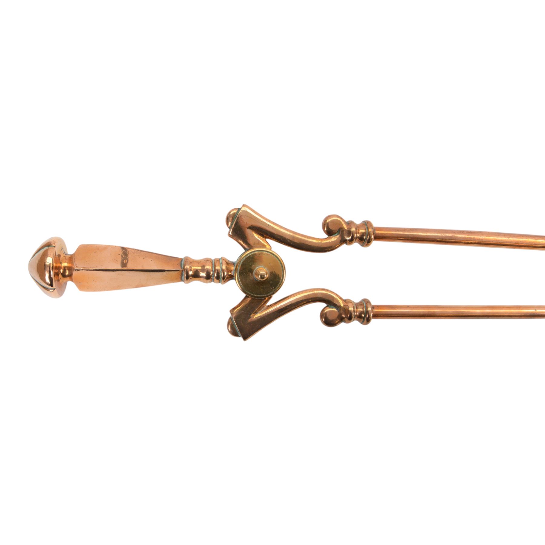 19th century copper companion set and fire dogs, dogs H40cm