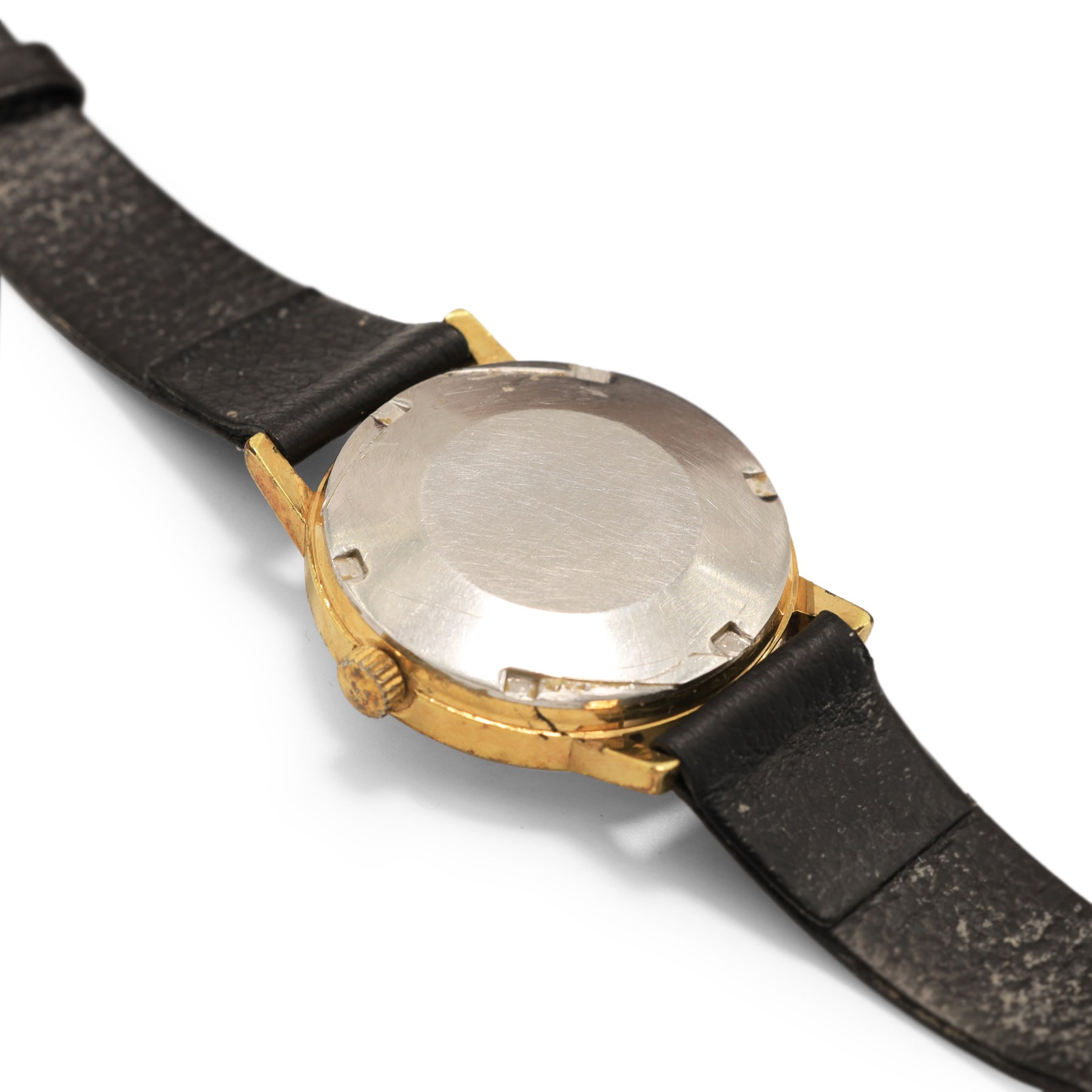 Omega gentleman's gold-plated and stainless steel automatic wristwatch, silvered dial with baton hour markers an date aperture, on black leather strap, boxed