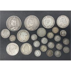 Approximately 150 grams of Great British pre 1920 silver coins, including two Queen Victoria crowns dated 1889 and 1891, 1885 halfcrown, King Edward VII 1910 halfcrown, King George V 1915 halfcrown etc