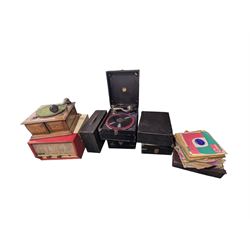 Six gramophones, Dansette record player and a collection of records