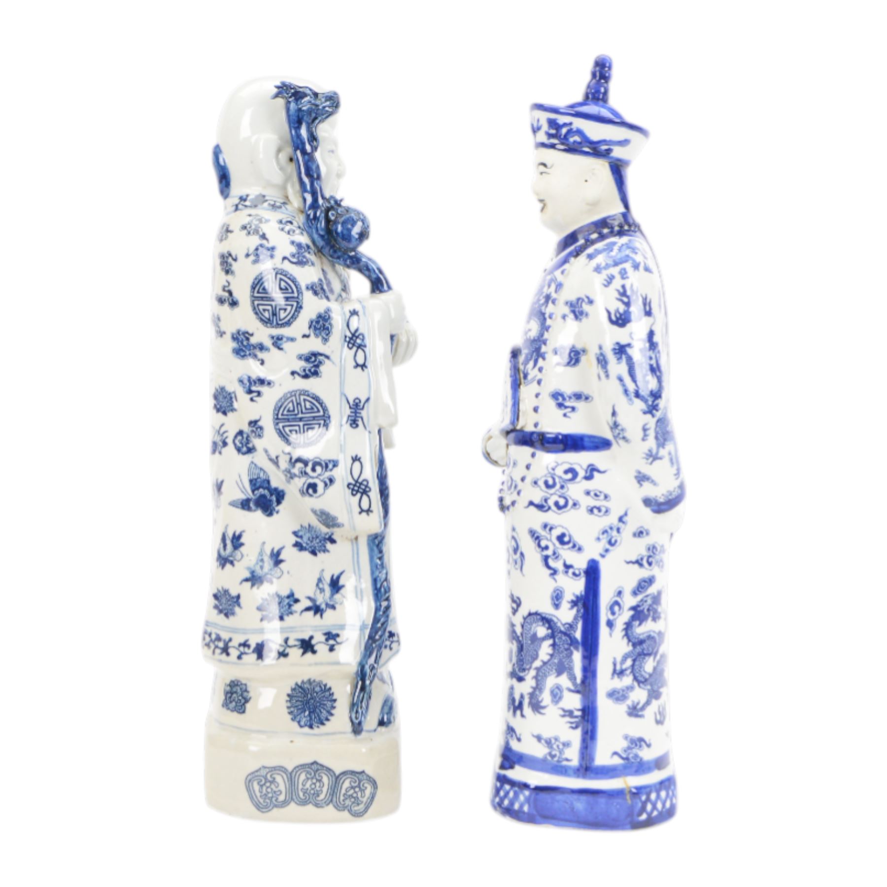 20th century Chinese blue and white porcelain figure of an Emperor, wearing a dragon decorated robe, seal marks beneath, together with blue and white figure of Shou Lao H54cm