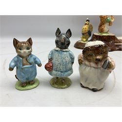 Seven Beswick Beatrix Potter figures, comprising Sally Henny Penny, Johnny Town-Mouse, Mrs Tiggy-Winkle, Mrs Tittlemouse, Tom Kitten, Pig-Wig and Squirrel Nutkin, together with a Beswick tree trunk display stand, stand L30cm