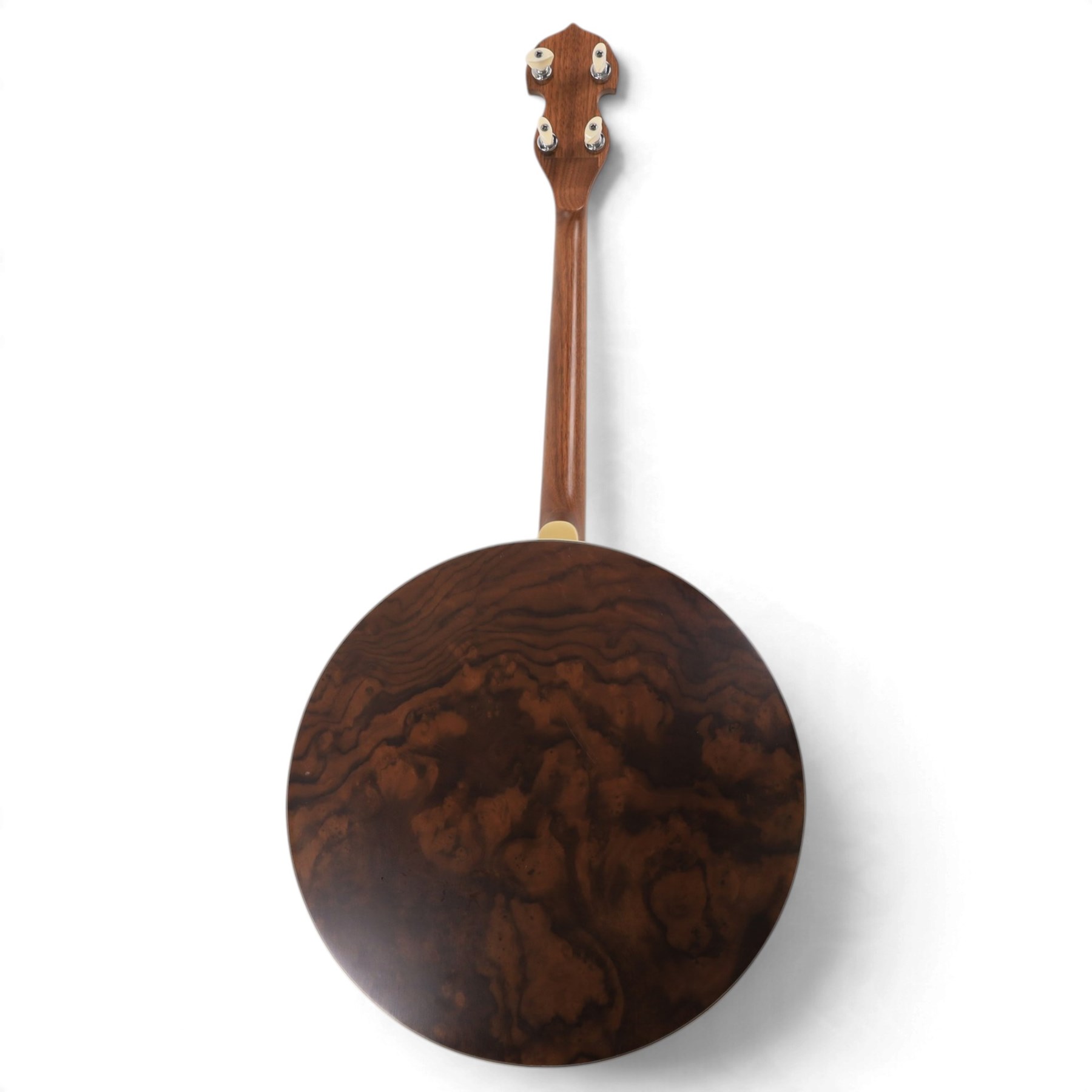 Barnes & Mullins Troubadour four string banjo, with Remo head and mother of pearl inlay to fretboard, in cardboard box, banjo L80cm