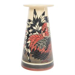 Dennis Chinaworks, Cockerels vase, by Sally Tuffin, signed, flared cylindrical form decorated with cockerels on a white and black ground, signed with printed marks beneath, H17cm