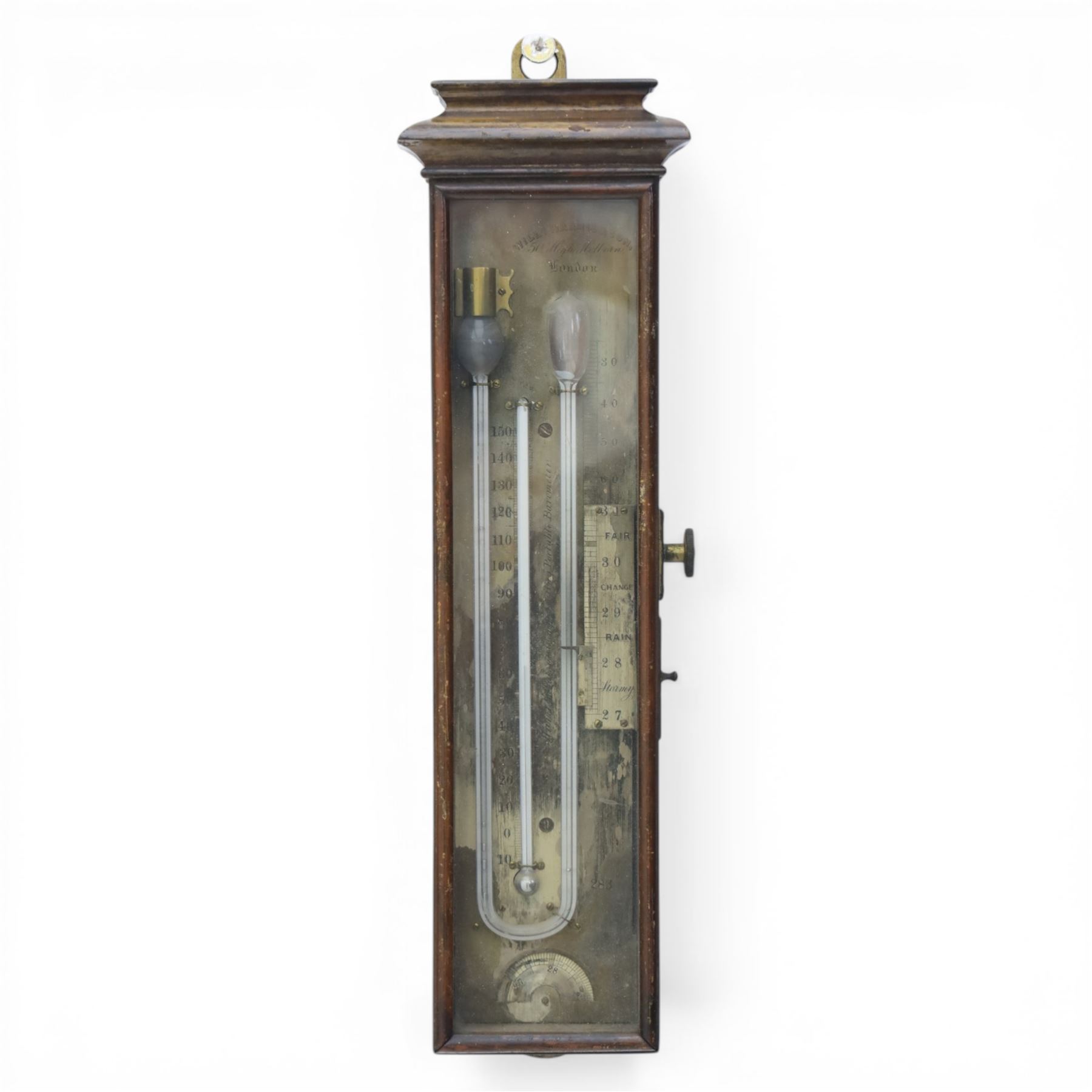 William Harris and Son, London - rare mid 19th century rosewood Patent Compensating Portable Barometer no. 283, rectangular silvered scale and U-shaped mercury tube terminating with a glass cistern and bulb, the centre with mercury thermometer tube and Fahrenheit scale calibrated from minus 10 to 150, the silvered plate engraved 'Harris's Patent Compensating Portable Barometer' and 'William Harris & Son 50 High Holborn London' and serial number '283', side fitted with rackwork vernier scale annotated for barometric inches with weather observations and angled steel pointer for recording temperature, vernier with an independent friction slide adjustment with external secondary brass side knob, bottom edge with recording disc engraved with barometric scale, 33cm high 7.5cm wide