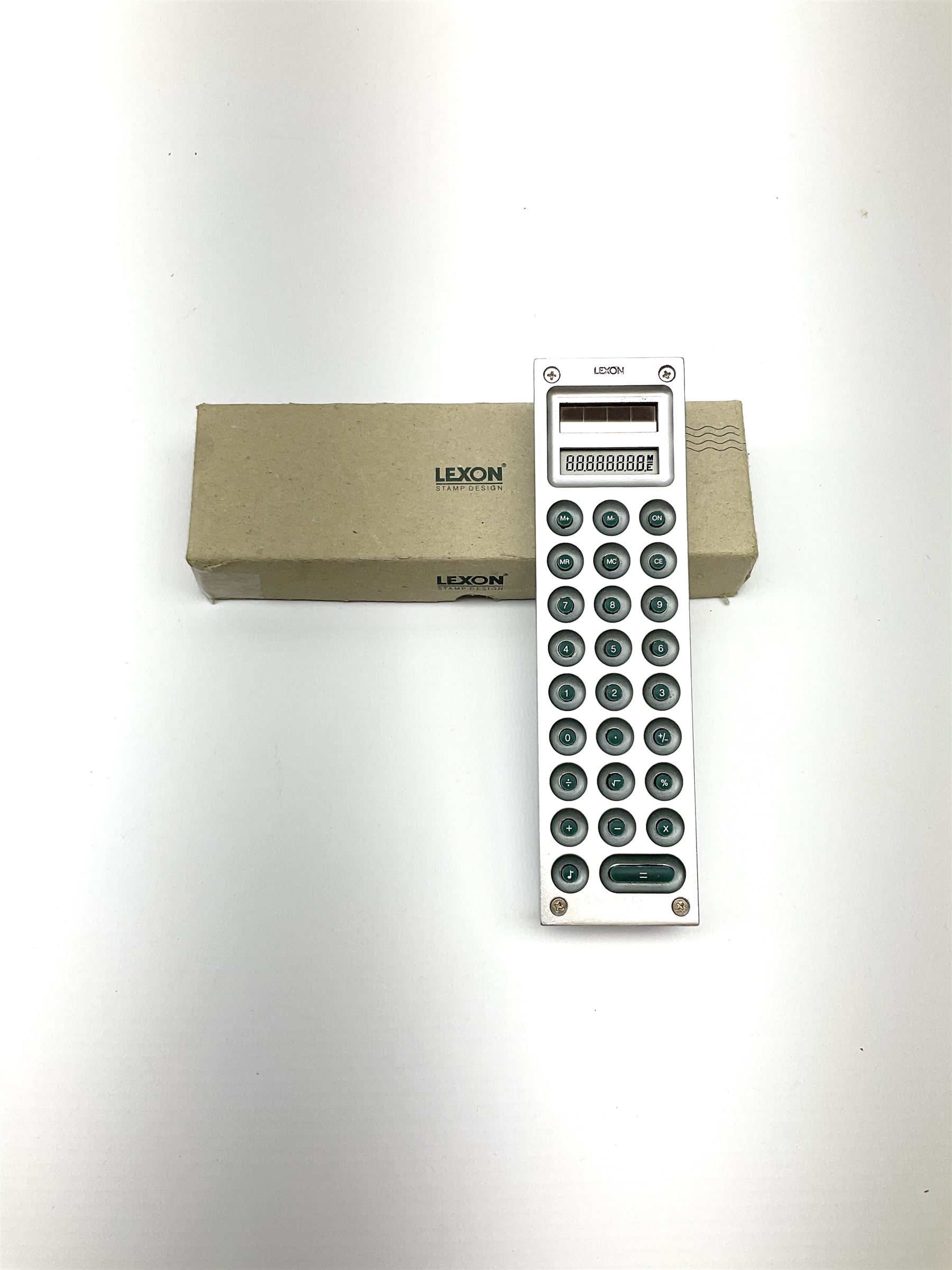 Lexon Stamp Design eight digit liquid crystal display calculator designed by J.M. Massaud H15.5cm; in original box with paperwork