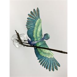 David Fryer Studios for Royal Worcester, a limited edition bronze and porcelain model of a kingfisher in flight, supported by bronze rushes, upon a clear base, signed D Fryer, and numbered 206/750, H48cm. 
